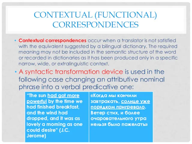 CONTEXTUAL (FUNCTIONAL) CORRESPONDENCES Contextual correspondences occur when a translator is