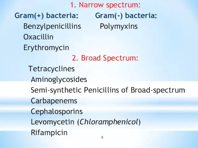 1. Narrow spectrum: Gram(+) bacteria: Gram(-) bacteria: Benzylpenicillins Polymyxins Oxacillin