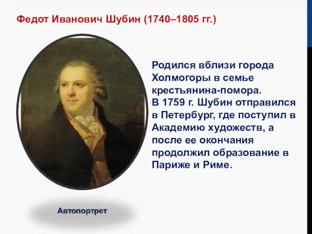 Федот Иванович Шубин (1740–1805 гг.) Родился вблизи города Холмогоры в