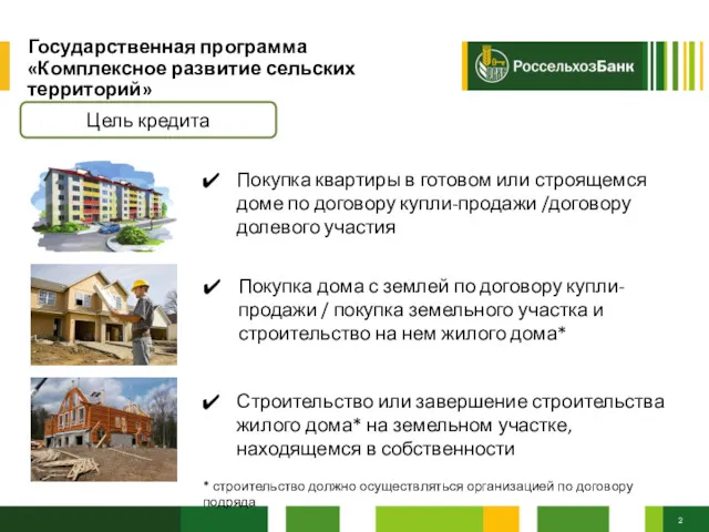 Государственная программа «Комплексное развитие сельских территорий» Цель кредита Покупка квартиры