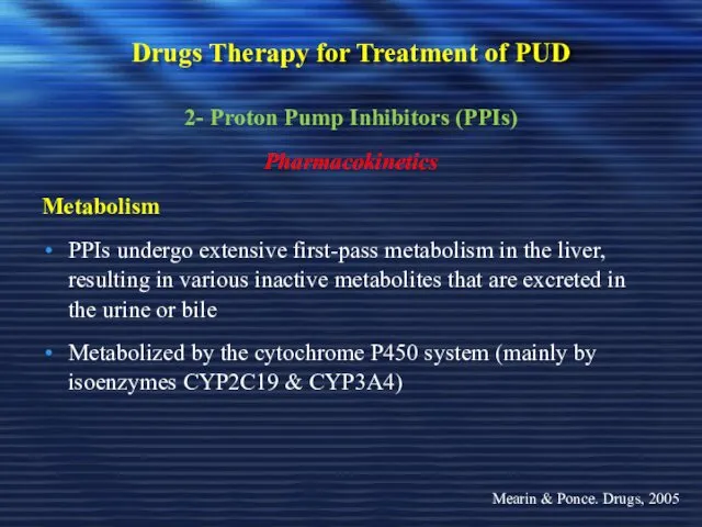 Drugs Therapy for Treatment of PUD 2- Proton Pump Inhibitors (PPIs) Pharmacokinetics Metabolism