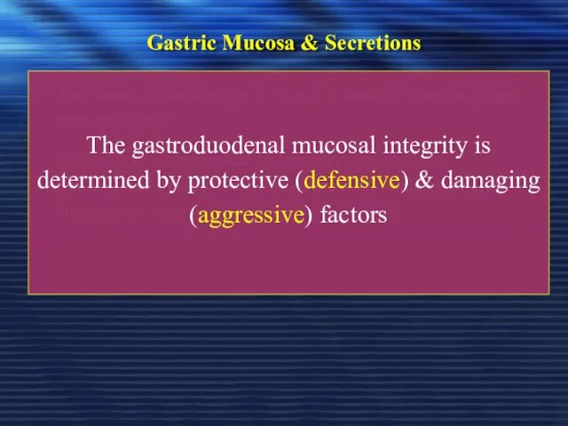 Gastric Mucosa & Secretions The inside of the stomach is bathed in about