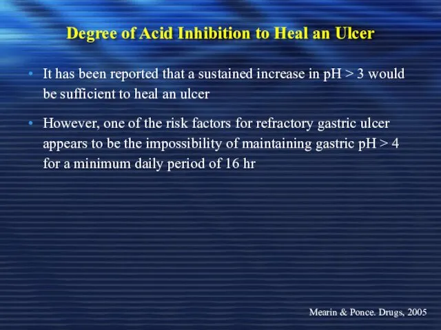 Degree of Acid Inhibition to Heal an Ulcer It has been reported that
