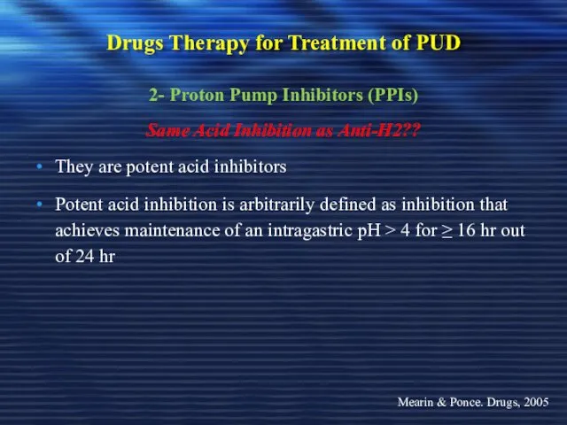 Drugs Therapy for Treatment of PUD 2- Proton Pump Inhibitors (PPIs) Same Acid