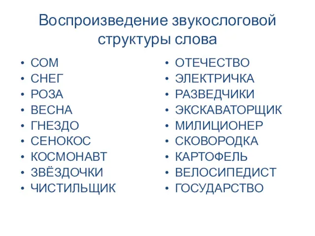 Воспроизведение звукослоговой структуры слова СОМ СНЕГ РОЗА ВЕСНА ГНЕЗДО СЕНОКОС