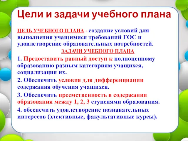 Цели и задачи учебного плана ЦЕЛЬ УЧЕБНОГО ПЛАНА - создание