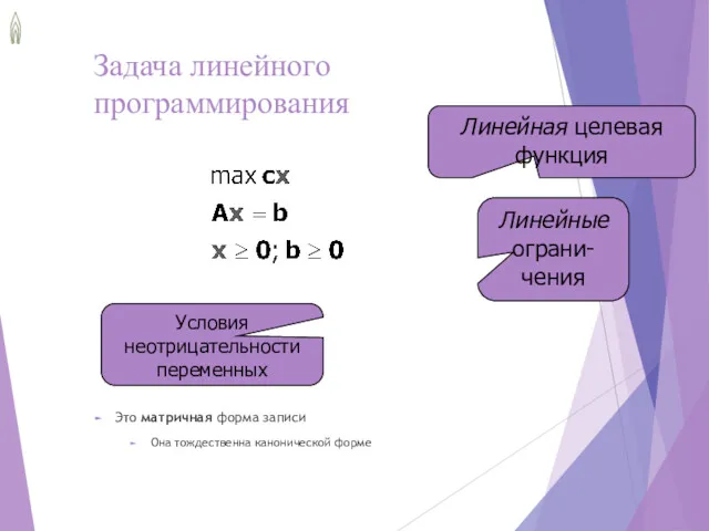 Задача линейного программирования Это матричная форма записи Она тождественна канонической