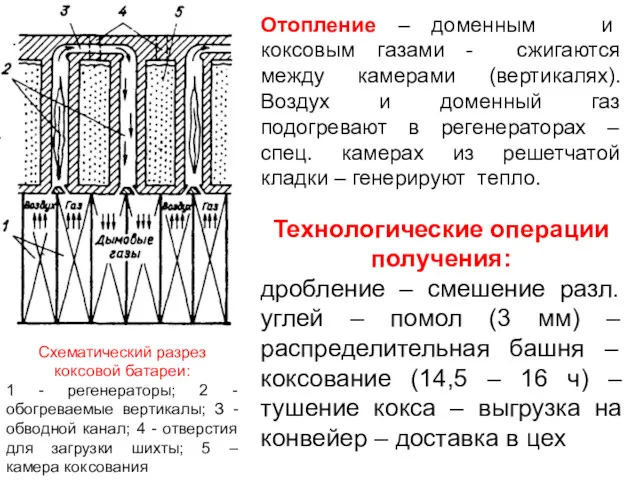 Схематический разрез коксовой батареи: 1 - регенераторы; 2 - обогреваемые вертикалы; З -