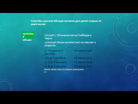 Способы расчета объема питания для детей старше 10 дней жизни