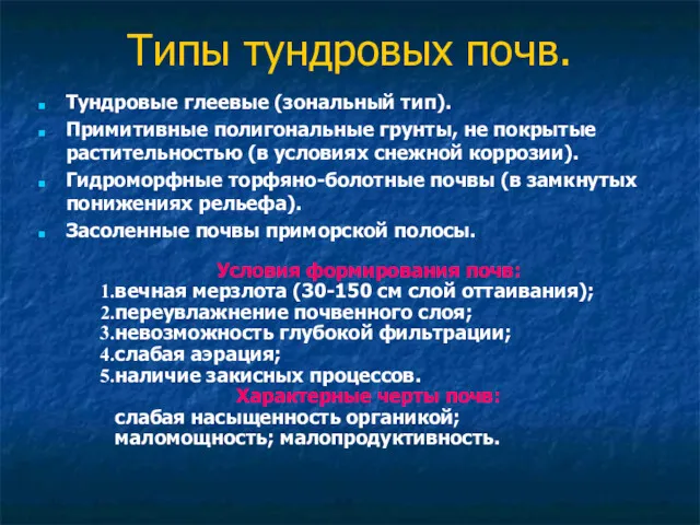 Типы тундровых почв. Тундровые глеевые (зональный тип). Примитивные полигональные грунты,