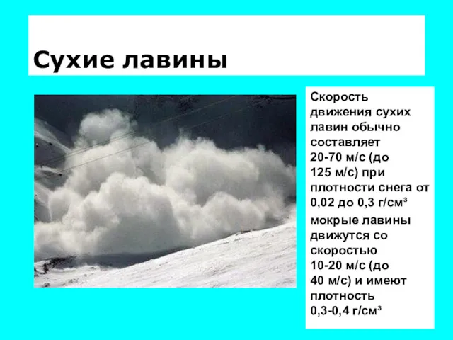 Сухие лавины Скорость движения сухих лавин обычно составляет 20-70 м/с (до 125 м/с)