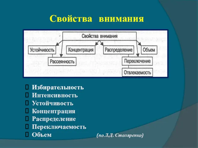 Свойства внимания Избирательность Интенсивность Устойчивость Концентрация Распределение Переключаемость Объем (по Л.Д. Столяренко)