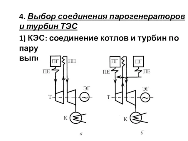 4. Выбор соединения парогенераторов и турбин ТЭС 1) КЭС: соединение