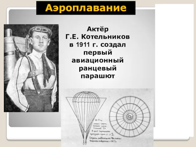 Аэроплавание Актёр Г.Е. Котельников в 1911 г. создал первый авиационный ранцевый парашют