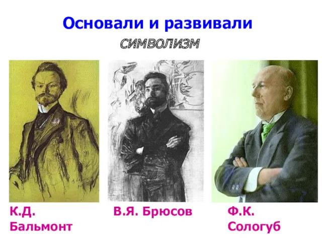 Основали и развивали символизм В.Я. Брюсов Ф.К. Сологуб К.Д. Бальмонт