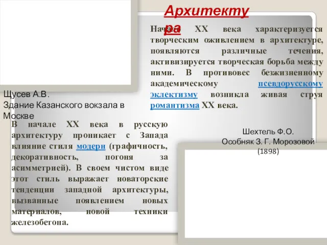 Щусев А.В. Здание Казанского вокзала в Москве Шехтель Ф.О. Особняк