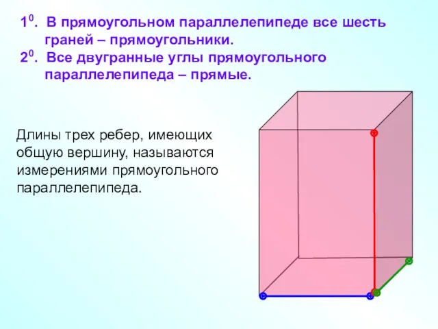 10. В прямоугольном параллелепипеде все шесть граней – прямоугольники. 20. Все двугранные углы