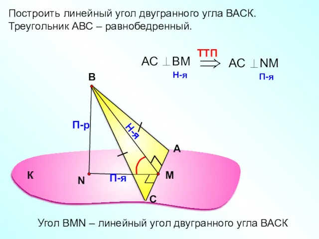 Построить линейный угол двугранного угла ВАСК. Треугольник АВС – равнобедренный. А С В