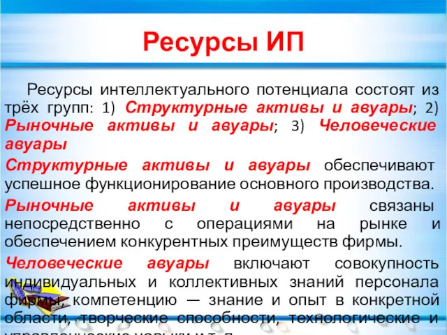 Ресурсы ИП Ресурсы интеллектуального потенциала состоят из трёх групп: 1)