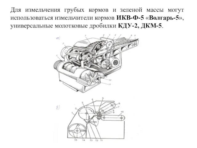 Для измельчения грубых кормов и зеленой массы могут использоваться измельчители кормов ИКВ-Ф-5 «Волгарь-5»,