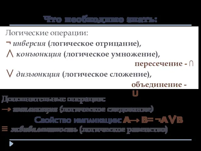 Что необходимо знать: Логические операции: ¬ инверсия (логическое отрицание), ∧