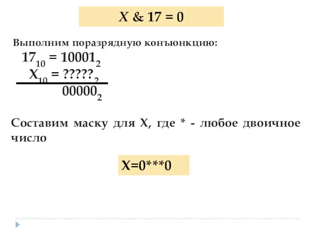 X & 17 = 0 Выполним поразрядную конъюнкцию: 1710 =