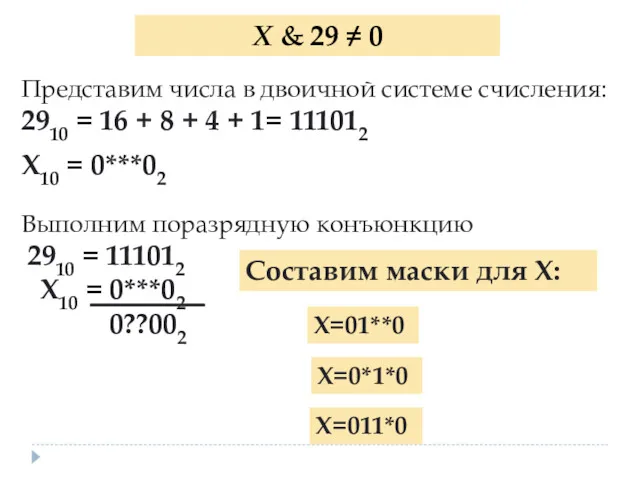 X & 29 ≠ 0 Представим числа в двоичной системе