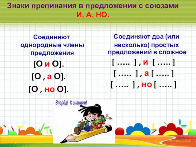 Знаки препинания в предложении с союзами И, А, НО. Соединяют