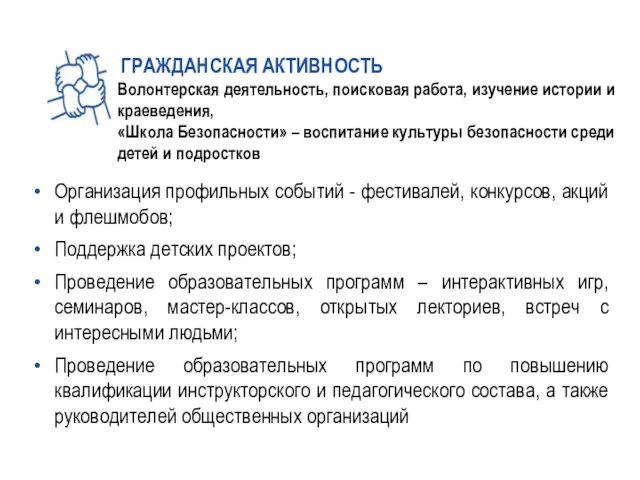 Организация профильных событий - фестивалей, конкурсов, акций и флешмобов; Поддержка