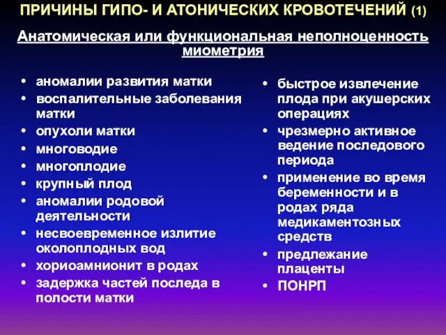 ПРИЧИНЫ ГИПО- И АТОНИЧЕСКИХ КРОВОТЕЧЕНИЙ (1) Анатомическая или функциональная неполноценность