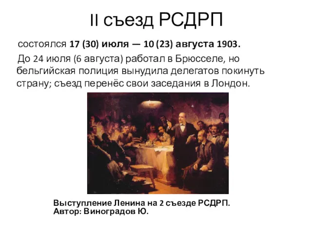 II съезд РСДРП Выступление Ленина на 2 съезде РСДРП. Автор: Виноградов Ю. состоялся