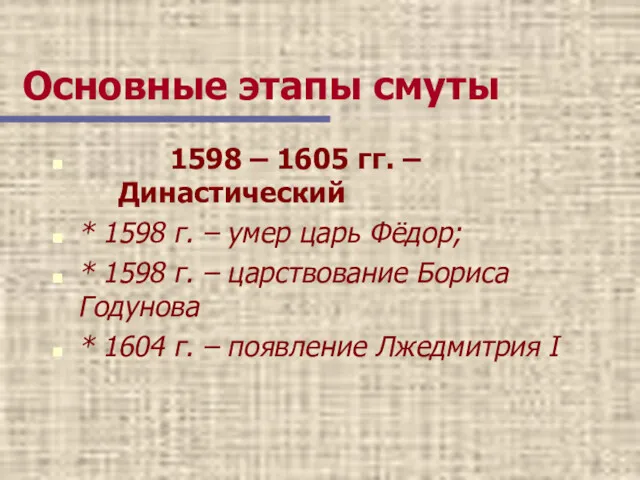 Основные этапы смуты 1598 – 1605 гг. – Династический *