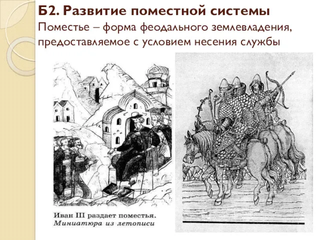 Б2. Развитие поместной системы Поместье – форма феодального землевладения, предоставляемое с условием несения службы