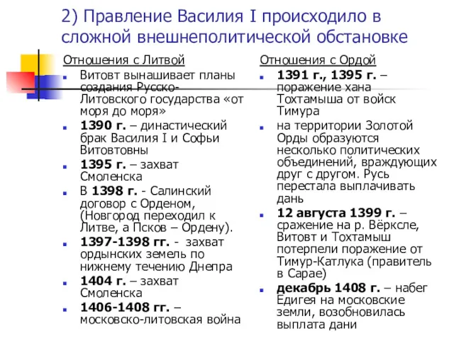 2) Правление Василия I происходило в сложной внешнеполитической обстановке Отношения