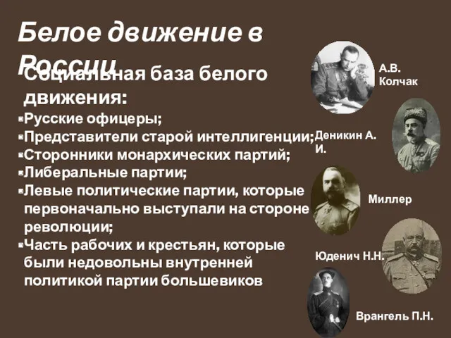 Белое движение в России Социальная база белого движения: Русские офицеры; Представители старой интеллигенции;