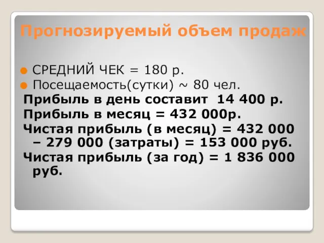 Прогнозируемый объем продаж СРЕДНИЙ ЧЕК = 180 р. Посещаемость(сутки) ~