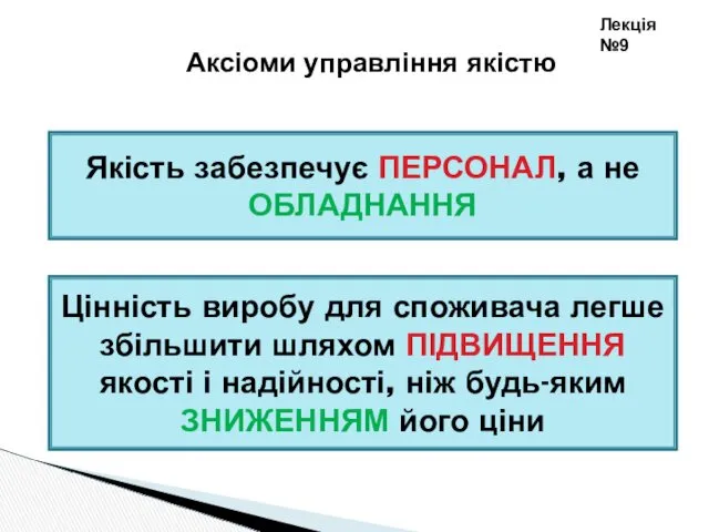 Лекція №9 Аксіоми управління якістю Якість забезпечує ПЕРСОНАЛ, а не