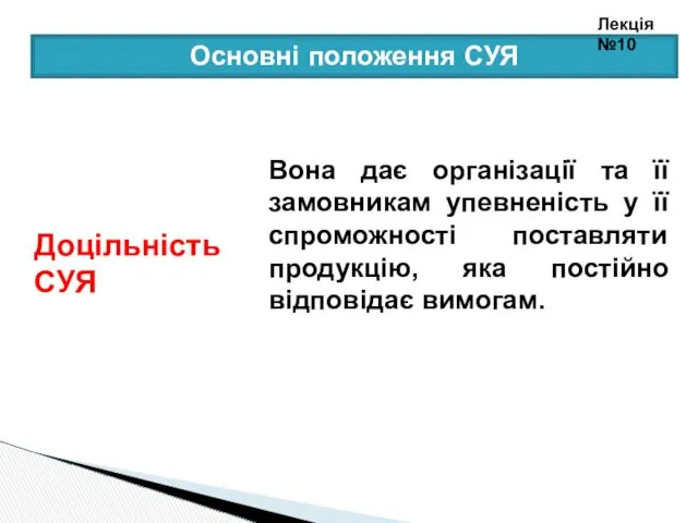 Основні положення СУЯ Доцільність СУЯ Вона дає організації та її