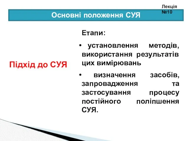 Етапи: установлення методів, використання результатів цих вимірювань визначення засобів, запровадження