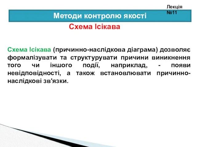 Методи контролю якості Схема Ісікава Схема Ісікава (причинно-наслідкова діаграма) дозволяє