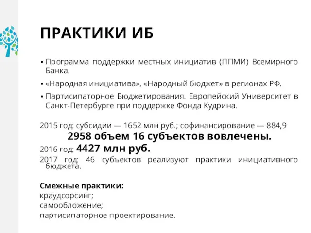 ПРАКТИКИ ИБ Программа поддержки местных инициатив (ППМИ) Всемирного Банка. «Народная