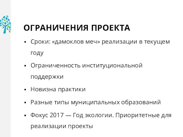 ОГРАНИЧЕНИЯ ПРОЕКТА Сроки: «дамоклов меч» реализации в текущем году Ограниченность