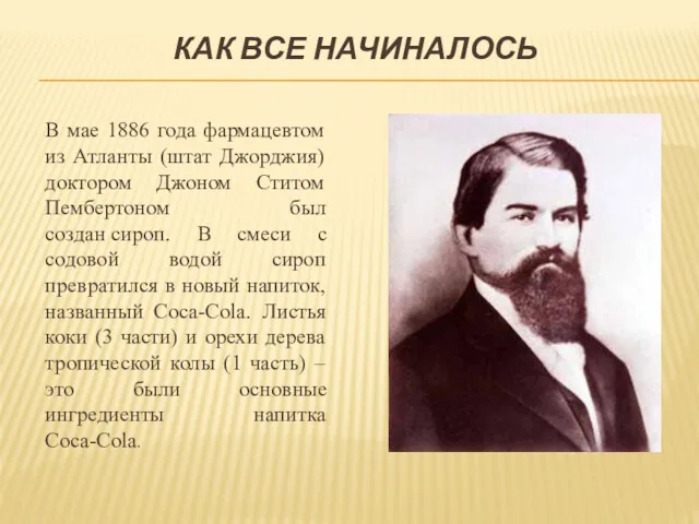 КАК ВСЕ НАЧИНАЛОСЬ В мае 1886 года фармацевтом из Атланты (штат Джорджия) доктором