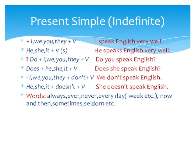 + I,we you,they + V I speak English very well.