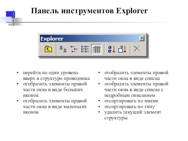 Панель инструментов Explorer перейти на один уровень вверх в структуре