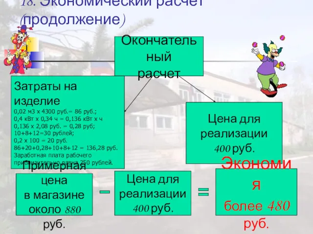 18. Экономический расчет (продолжение) Окончательный расчет Затраты на изделие 0,02