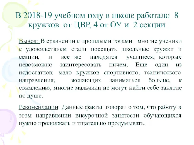 В 2018-19 учебном году в школе работало 8 кружков от