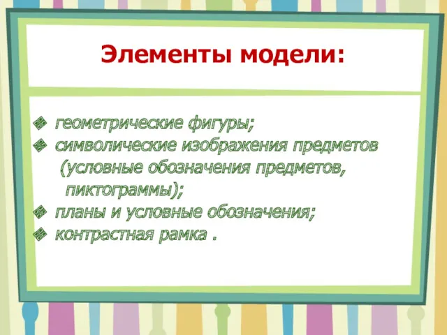 Элементы модели: геометрические фигуры; cимволические изображения предметов (условные обозначения предметов,