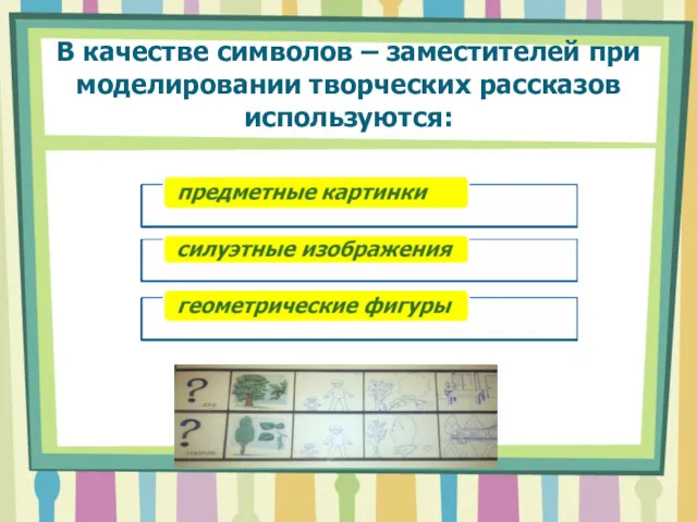 В качестве символов – заместителей при моделировании творческих рассказов используются: