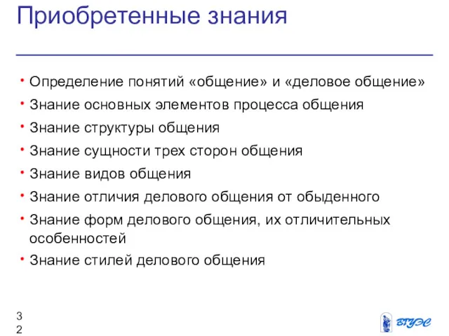 Приобретенные знания Определение понятий «общение» и «деловое общение» Знание основных